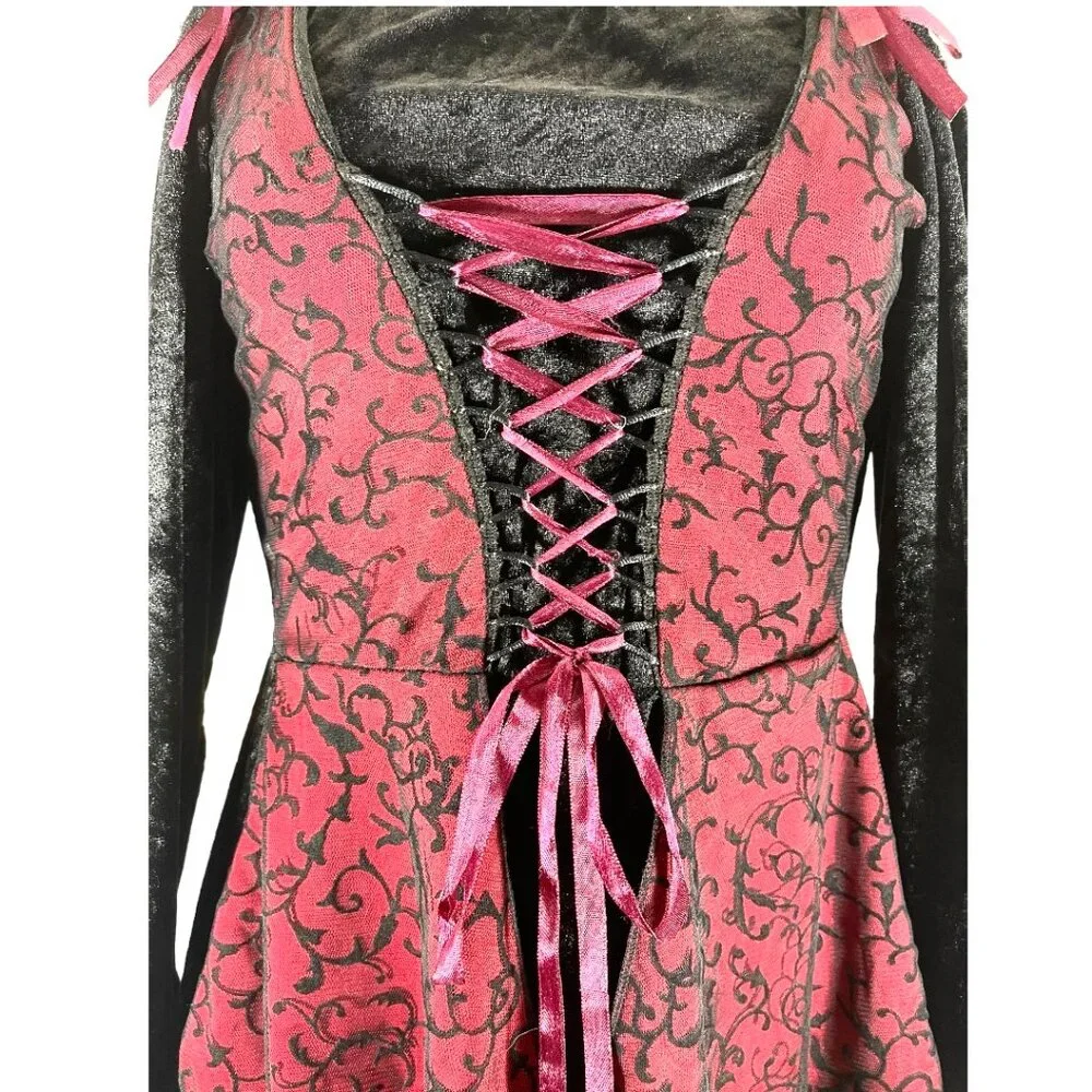 California Costume Black Velvet Burgundy w/ Mesh Elvira Sleeves Gothic Costume